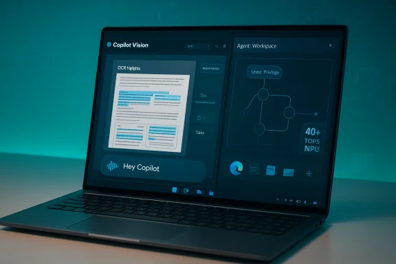 A laptop screen shows Copilot Vision with OCR highlights and a workflow diagram.