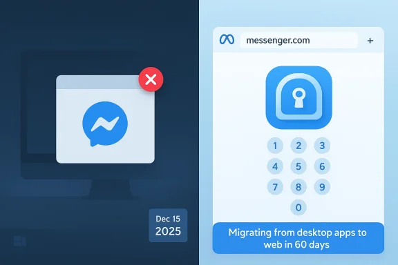 Split-screen: left shows closing Messenger desktop; right shows web migration in 60 days. Split-screen: left shows closing Messenger desktop; right shows web migration in 60 days.