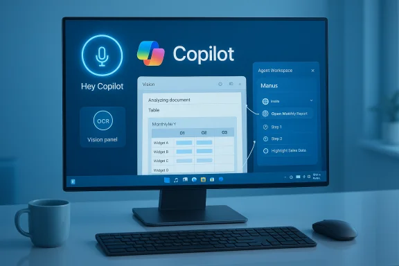 Desk setup with a monitor showing Copilot UI, OCR, and a vision panel.