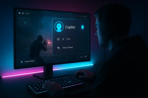 Person wearing headphones uses a PC with neon-lit monitor showing Copilot UI. Person wearing headphones uses a PC with neon-lit monitor showing Copilot UI.
