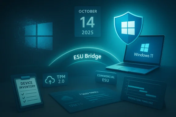 Blue-teal Windows 11 security infographic featuring ESU Bridge, TPM 2.0, and migration icons.