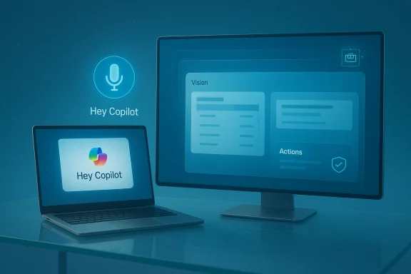 A laptop and a large monitor display the 'Hey Copilot' UI with Vision and Actions panels.