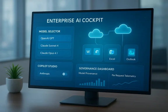 Monitor displays an Enterprise AI cockpit UI with model selector and cloud apps.