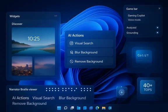 Futuristic blue desktop with floating, translucent widgets and AI action panels.