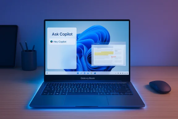 Sleek laptop on a desk with blue underglow, displaying 'Ask Copilot' on the screen.