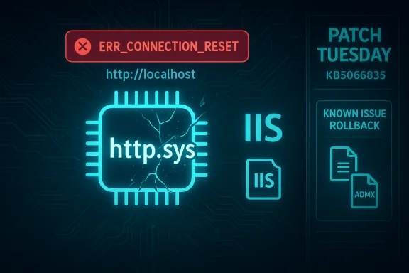 Red ERR_CONNECTION_RESET banner above a cracked http.sys chip with IIS icons.
