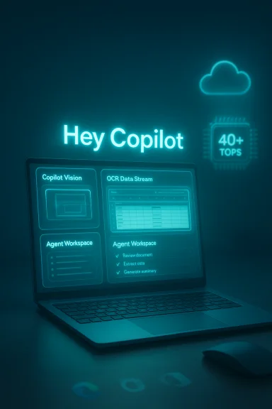 A glowing teal holographic Copilot interface projected from a laptop.