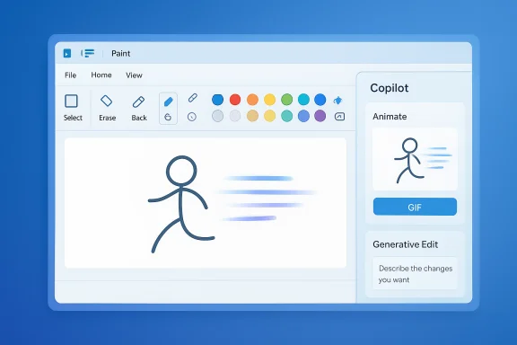 A Paint-like app interface showing a running stick figure with motion lines beside a Copilot panel. A Paint-like app interface showing a running stick figure with motion lines beside a Copilot panel.