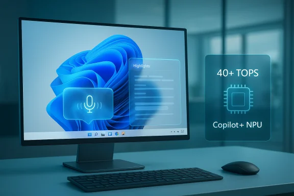 Desk setup with a monitor showing AI highlights and 40+ TOPS Copilot+ NPU.