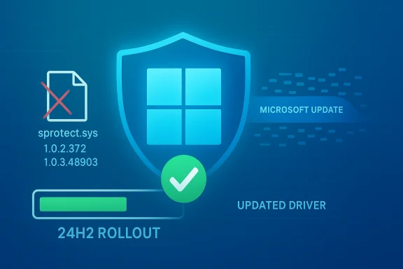 Blue Windows-themed infographic showing a shield, blocked sprotect.sys, 24H2 rollout, and updates.