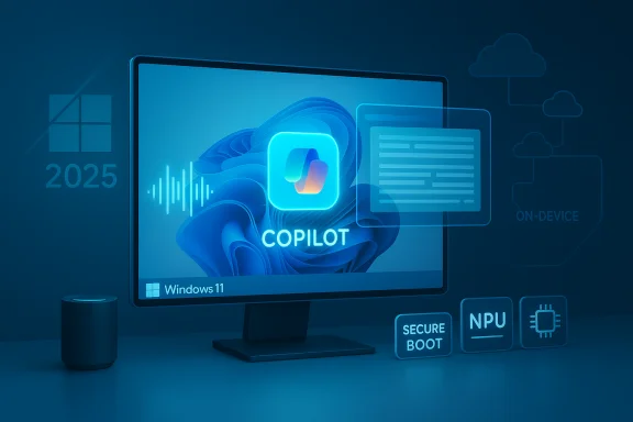 Blue Windows 11 screen showcasing Copilot AI with on-device processing and secure boot.
