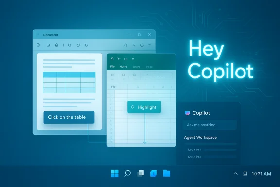 Neon blue Copilot AI interface beside document and spreadsheet windows.