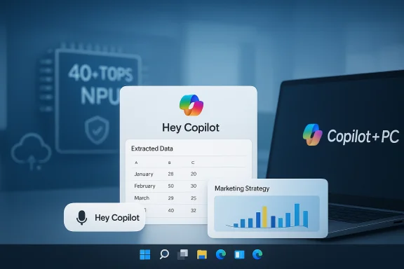 Copilot AI interface on a laptop, showing Hey Copilot and a marketing chart.