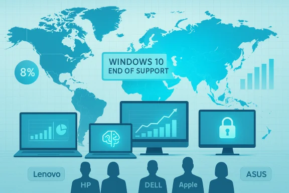 World map backdrop highlights Windows 10 end of support with charts and devices. World map backdrop highlights Windows 10 end of support with charts and devices.