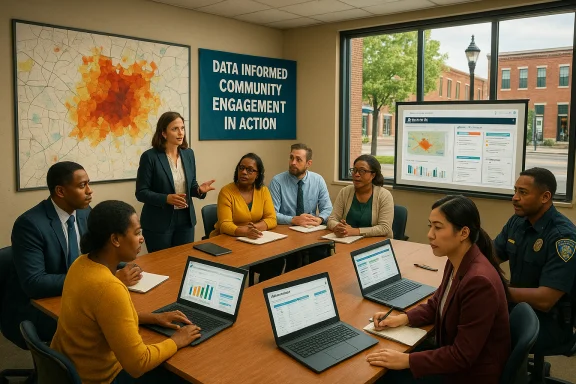 Diverse team in a data-driven meeting discussing community engagement.