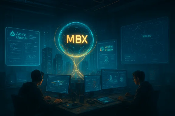 Two analysts in a neon futuristic command room monitor a glowing MBX orb and holographic dashboards.