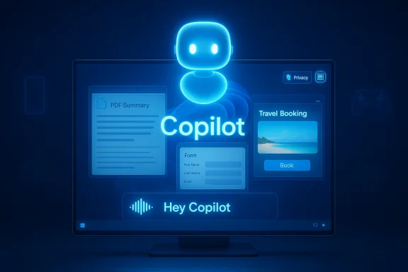 Blue neon Copilot AI on a screen with a friendly robot head and a Hey Copilot banner.
