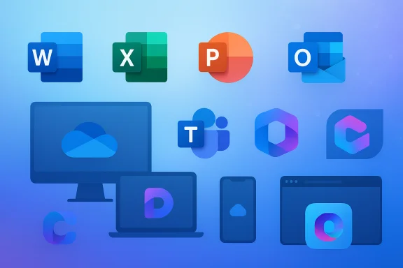 A collage of Microsoft 365 app icons with devices and cloud imagery.