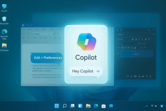 Windows desktop showing a glowing Copilot UI with a 'Hey Copilot' chat bubble.