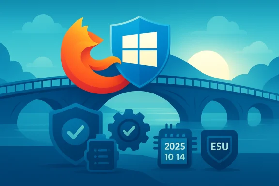 Firefox and Windows shields on a bridge, symbolizing cybersecurity and software updates.
