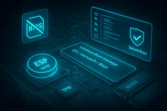 Glowing holographic icons show Secure Boot, Windows Boot Manager, ESP (FAT32) and TPM on a circuit board.