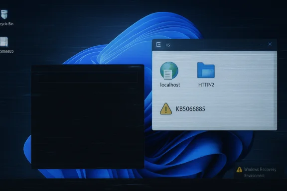 Windows desktop showing an IIS window with localhost, HTTP/2, and a KB5066885 warning.