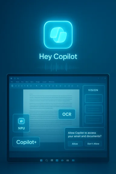 A glowing neon-blue “Hey Copilot” branding above a futuristic laptop UI with OCR and Vision panels.