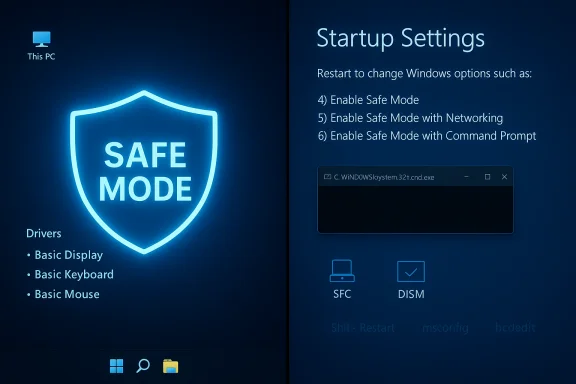 Windows Safe Mode startup screen with a glowing shield and startup options.