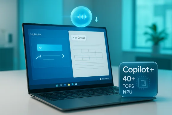 Laptop displays Copilot UI; a blue holographic assistant floats above, beside a Copilot+ 40+ TOPS NPU sign.