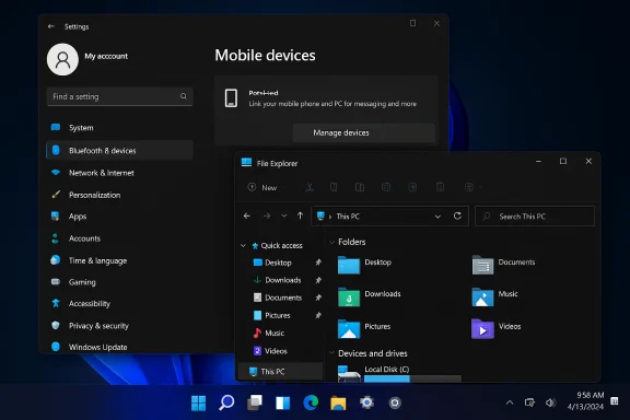 Windows 11 desktop with dark Settings for Mobile devices and an overlapping File Explorer window.