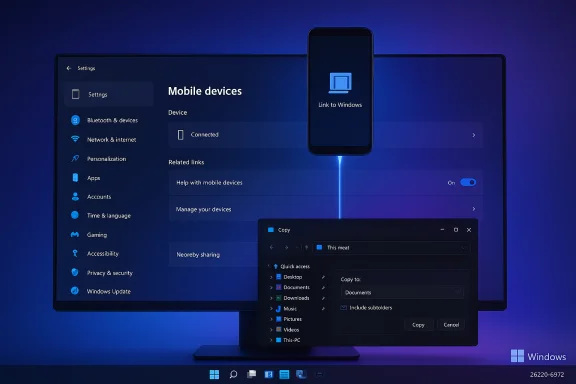 Windows desktop shows a phone linked via 'Link to Windows' with a file copy dialog.