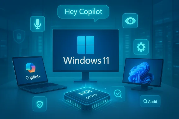 Windows 11 with Copilot+ AI across devices in a futuristic blue-tech scene.