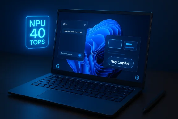 Laptop glows blue beside a neon “NPU 40 TOPS” sign, displaying AI copilots and chat UI.