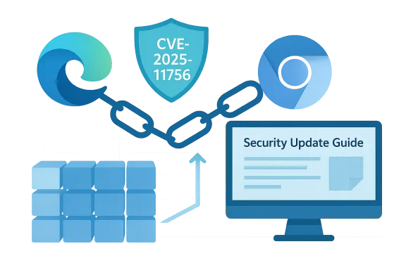 Cybersecurity scene with a CVE shield, browser logos, linked chains, and a monitor showing a Security Update Guide.
