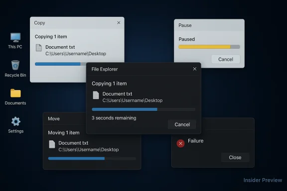 Multiple overlapping file transfer dialogs on a dark Windows desktop.