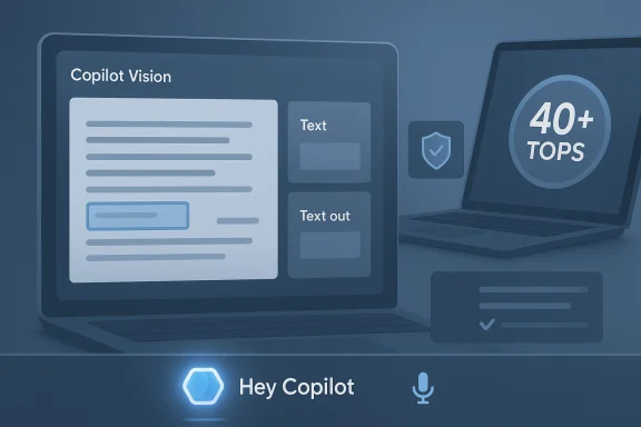 Blue-toned illustration of Copilot Vision UI on a laptop, with text blocks and a 40+ TOPS badge.