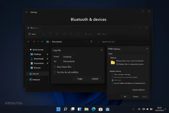 Windows 11 dark UI showing Bluetooth & devices settings with a copy file dialog.