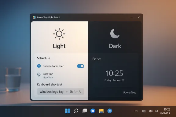 PowerToys Light Switch: split-screen UI for Light and Dark modes with schedule and clock.