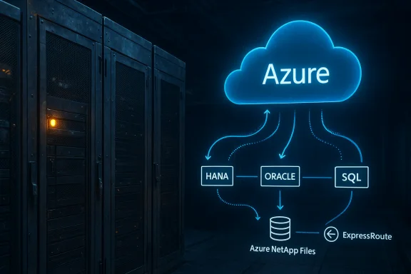 Blue neon Azure cloud diagram connecting HANA, Oracle, and SQL to Azure NetApp Files and ExpressRoute near server racks.