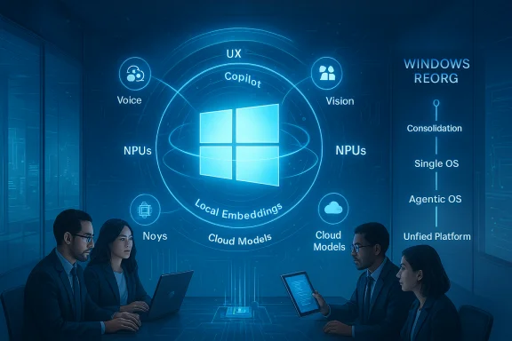 A four-person team in a blue-lit boardroom reviews a holographic Windows AI architecture diagram.