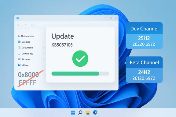Windows update screen shows KB5067106 completed with a green check and progress bar.
