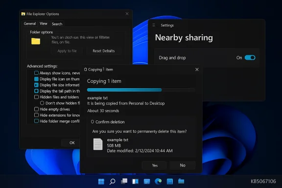Windows 11 desktop with overlapping dialogs: File Explorer options, Nearby sharing, and a file-copy progress window.