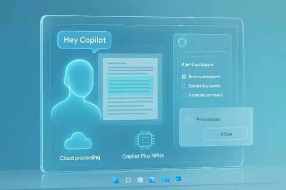 Futuristic holographic Copilot interface with chat, agent workspace, and cloud processing icons.