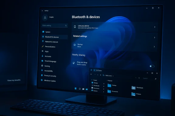 Windows 11 Bluetooth & devices settings shown on a curved monitor with a floating file explorer.