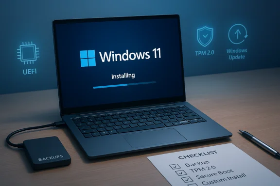 Windows 11 installation in progress on a laptop, with UEFI and TPM 2.0 icons in the background.