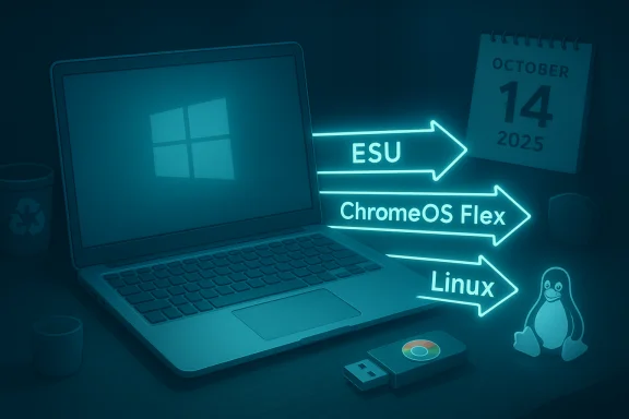 Laptop displays Windows logo with neon arrows pointing to ESU, ChromeOS Flex, and Linux.