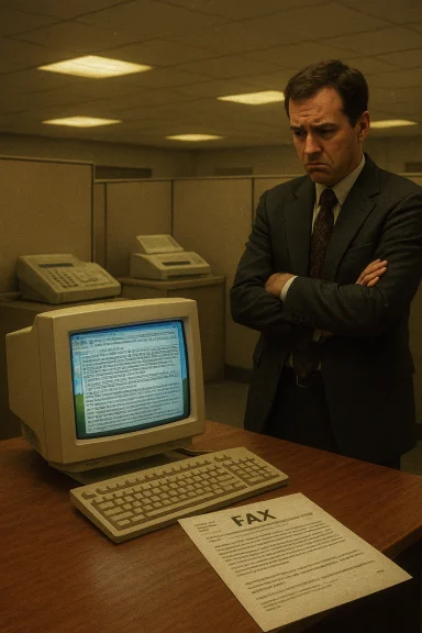 A suited man stands with arms crossed beside a vintage computer and fax in an office. A suited man stands with arms crossed beside a vintage computer and fax in an office.