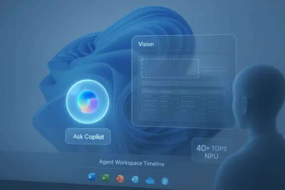 A blue holographic AI interface labeled Vision hovers beside a user, showing Ask Copilot and a timeline.