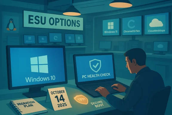 A tech worker reviews Windows options and PC health checks in a computer lab.