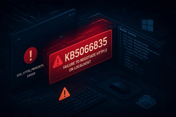 High-tech dashboard with red warning banners: KB5066835, failure to negotiate HTTP/2 on localhost.